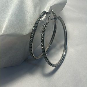 Beautiful Crystal Rhinestone Large Hoop Earrings Silver Tone Round Crystals